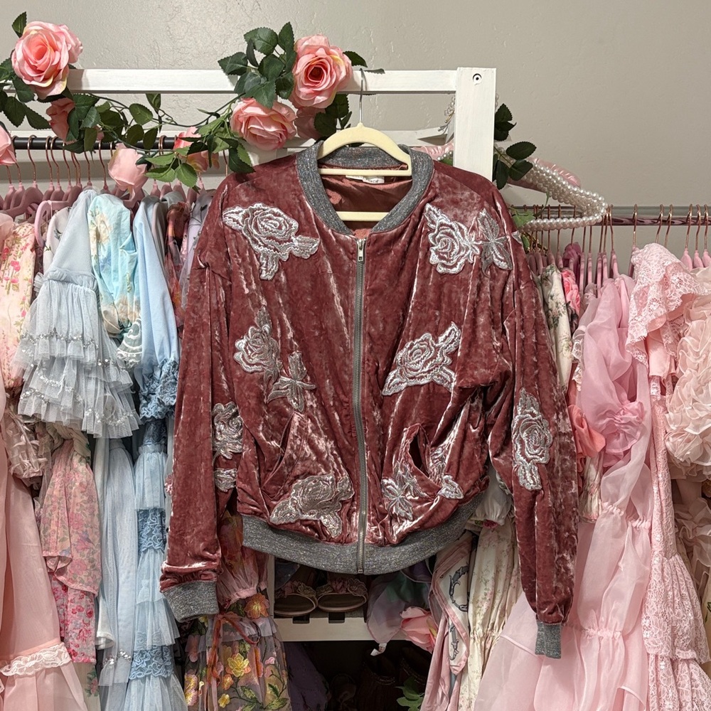 Honey Punch Velvet Bomber Jacket in Rose and Silver
